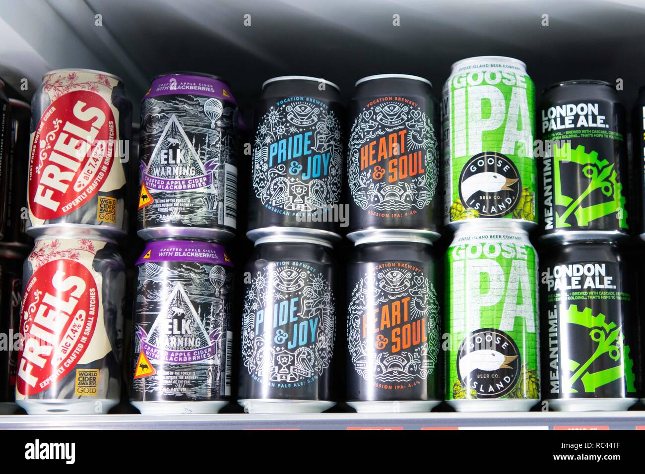 Cans of craft beer on sale in a supermarket shop in the UK Stock Photo