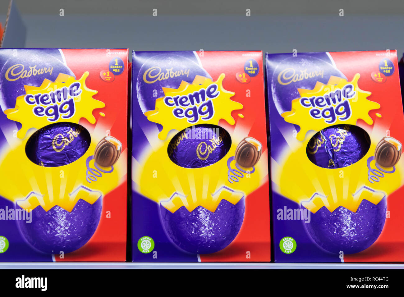 Cadbury’s Creme Egg Easter eggs on sale in a supermarket shop in the UK. Stock Photo