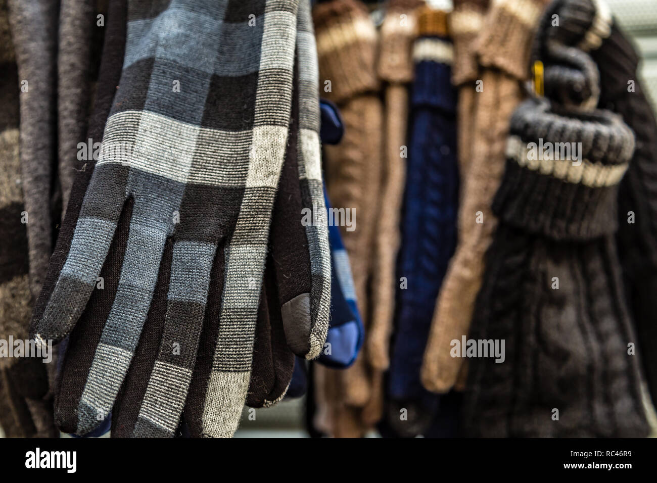 wool gloves hanged for sale Stock Photo