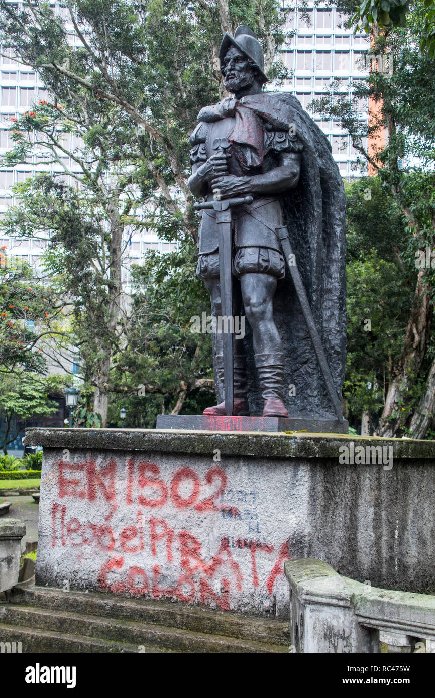 A vandalized statue of Juan Vazquez de Coronado in Parque Espana, San Jose, Costa Rica Stock Photo