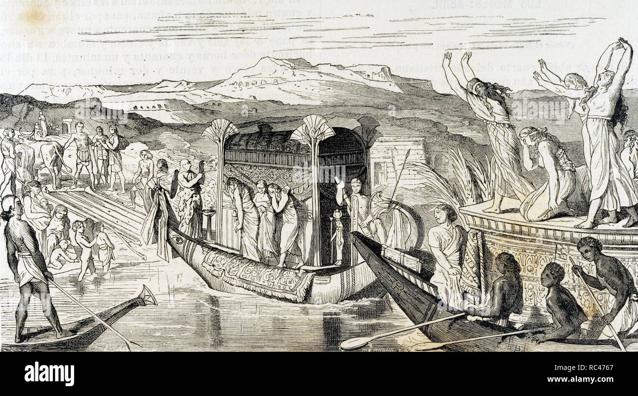 History of Egypt. Funeral procession going to the cemetery. The procession crossed the Nile River with the boat in which they placed the deceased and the mourners. Engraving, 1882. Stock Photo