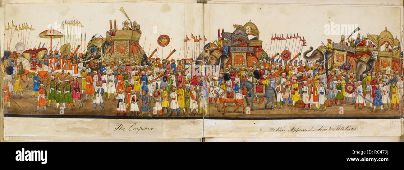Processional panorama. Reminiscences of Imperial Delhi. The 'Delhi Book' of Sir Thomas Theophilus Metcalfe. 1842 - 1844. Opaque watercolour. Delhi style. Source: Add.Or.5475, f.59v, panel 7 and 8. Author: Mazhar â€˜Ali Khan. Stock Photo