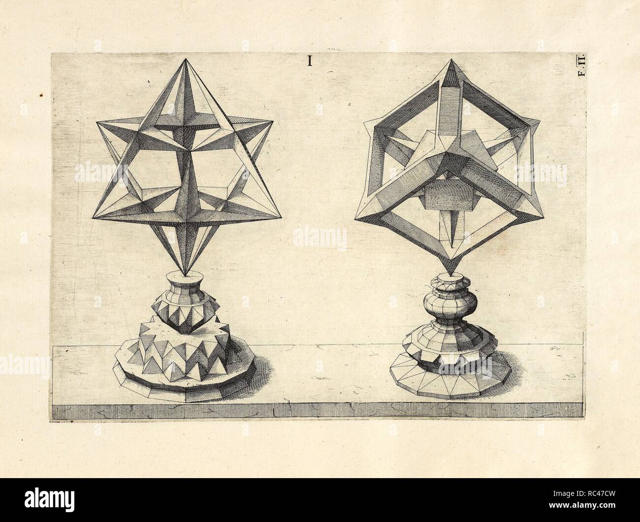Illustration of sculpture. Pattern book, with objects and classical shapes. In pairs. Geometric designs illustrating Euclidian principles  of geometry. . Perspectiva corporum regularium. Nuremberg. 1568. Wenzel JAMNITZER. Perspectiva corporum regularium. Das ist, ein fleyssige Furweysung, wie die FuÌˆnff Regulirten CoÌˆrper, darvon Plato inn Timaco, unnd Euclides inn sein Elementis schreibt, etc. Durch einen sonderlichen, newen ... weg ... inn die Perspectiua gebracht, Und darzu ein schoÌˆne Anleytung, wie auss denselbigen FuÌˆnff CoÌˆrpern one Endt gar viel andere CoÌˆrper mancherley Art und  Stock Photo