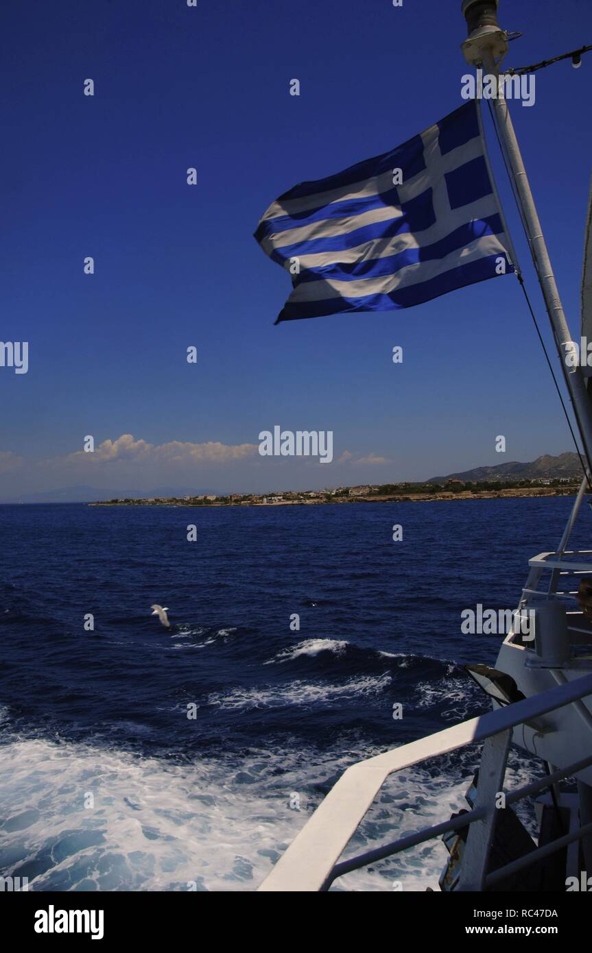 Greek flag waving on a ferry. Greece. Stock Photo