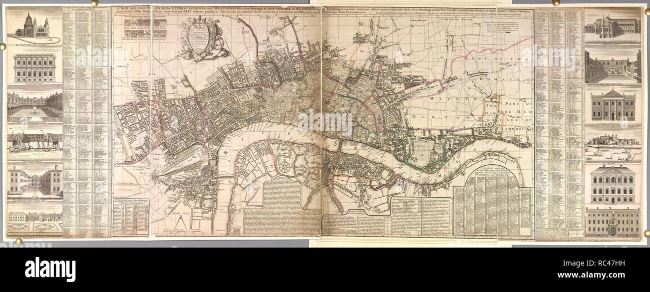 London and Westminster. A new and exact Plan of the Cities of London and W. London : Geo. Foster, 1738. A map of A new and exact Plan of the Cities of London and Westminster & the Borough of Southwark.  Image taken from A new and exact Plan of the Cities of London and Westminster & the Borough of Southwark to this present year, 1738 Eman. Bowen Sculp. A scale of 2,640 feet [ = 97 mm]. 2 sh. 520 x 570 mm.  Originally published/produced in London : Geo. Foster, 1738. . Source: Maps.K.Top.20.33,. Language: English. Stock Photo