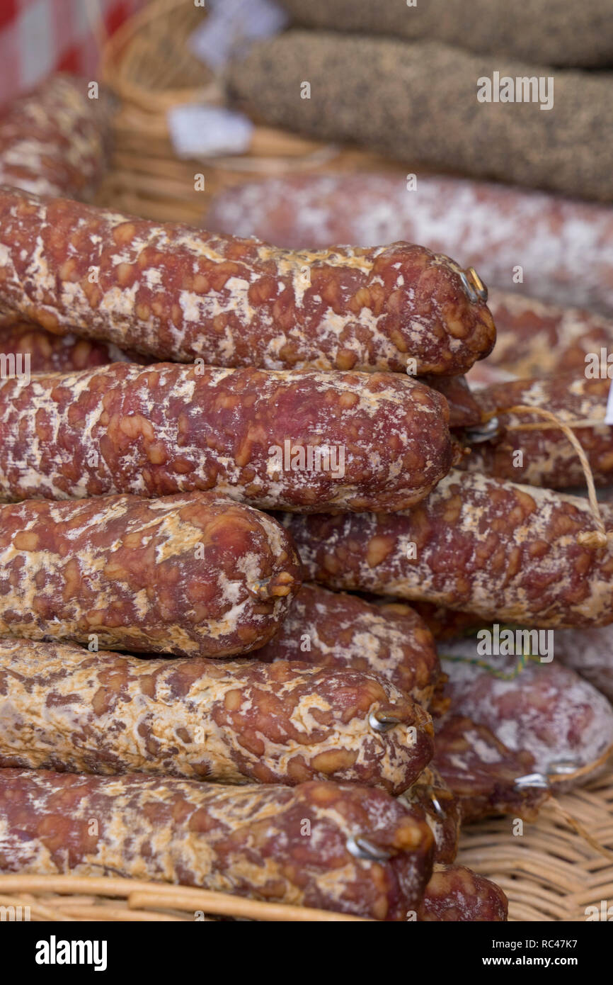 Organic sausages and charcuterie stall at Broadway market in Hackney