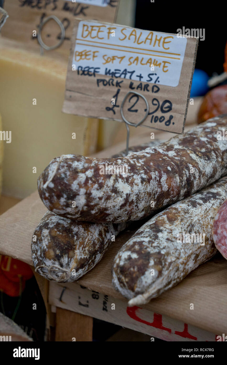 Organic sausages and charcuterie stall at Broadway market in Hackney