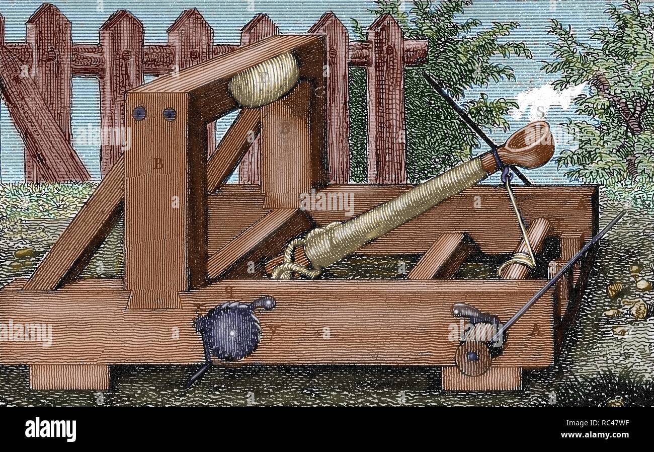 Catapult used by Roman army during its military campaigns. Colored engraving. 19th century. Stock Photo