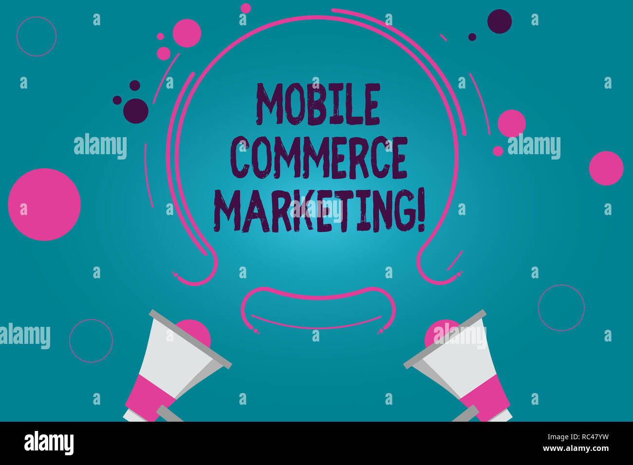 Conceptual hand writing showing Mobile Commerce Marketing. Business photo text Trading goods through wireless handheld devices Two Megaphone and Circu Stock Photo