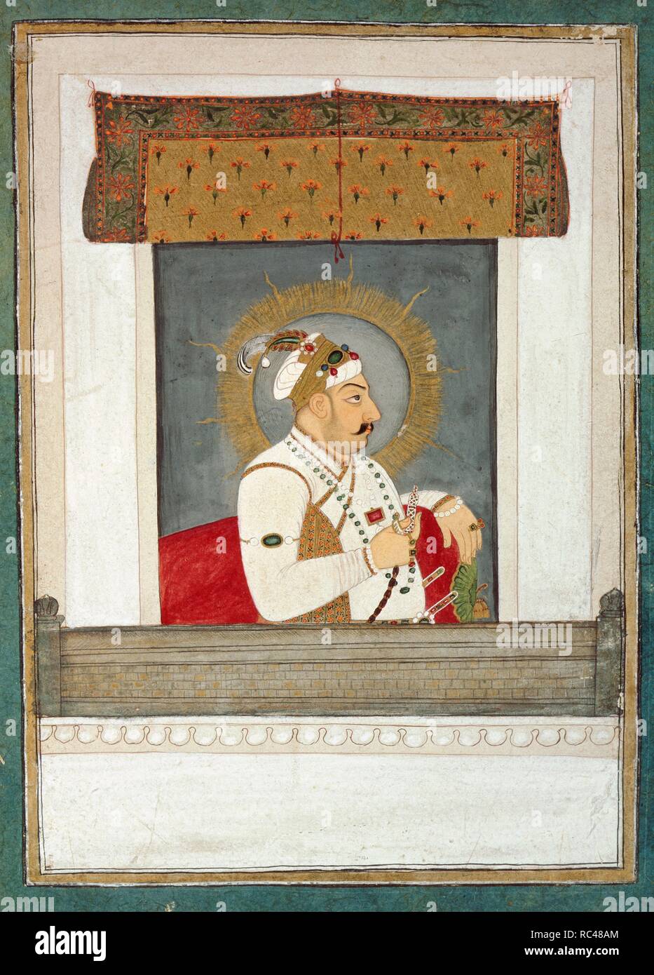 Muhammad Shah at a window. The emperor is seated facing right, wearing a white jama and turban with a radiant gold halo and holding the mouthpiece of a hookah. The background is grey with a rolled-up blind above and white marble surround to the window. 1720 - 1730. Opaque watercolour. Mughal/18th century style Gouache with gold; gold and blue borders. 168 by 118 mm; page 188 by 135 mm. Source: Add.Or.2769. Stock Photo