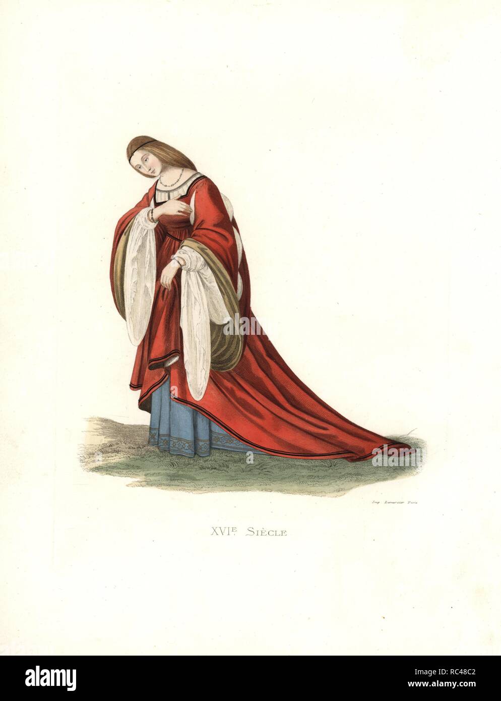 Isabella d'Este, Countess of Mantua (1474-1539) Scarlet dress with train, gathered at front to show blue underdress, puffed muslin sleeves. From a painting by Lorenzo Costa.. Handcolored illustration by E. Lechevallier-Chevignard, lithographed by A. Didier, L. Flameng, F. Laguillermie, from Georges Duplessis's 'Costumes historiques des XVIe, XVIIe et XVIIIe siecles' (Historical costumes of the 16th, 17th and 18th centuries), Paris 1867. The book was a continuation of the series on the costumes of the 12th to 15th centuries published by Camille Bonnard and Paul Mercuri from 1830. Georges Duples Stock Photo