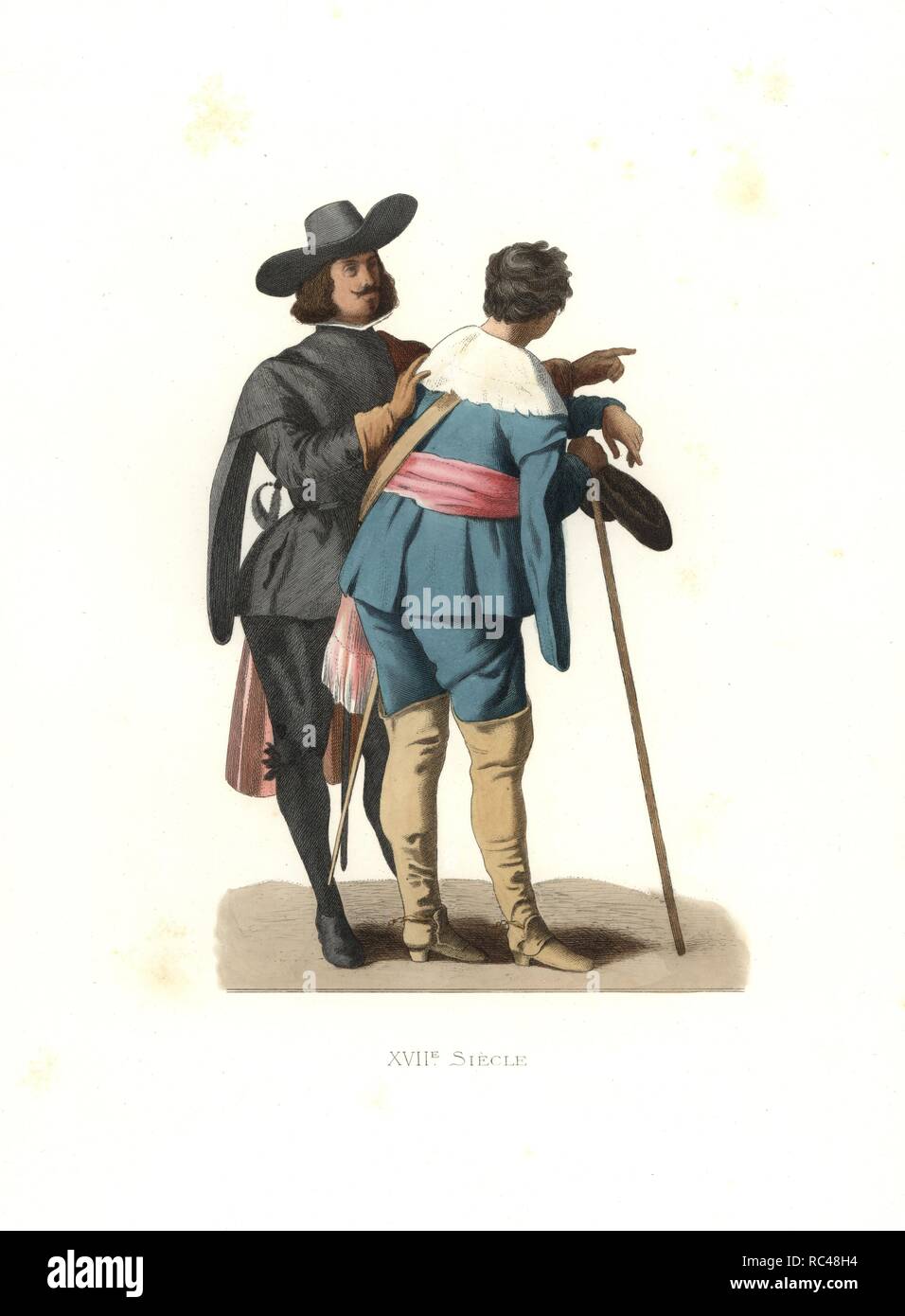 Portrait of two artists, Spain, 17th century, from a painting in the Louvre. The figure in black is traditionally held to be Velasquez. Handcolored illustration by E. Lechevallier-Chevignard, lithographed by A. Didier, L. Flameng, F. Laguillermie, from Georges Duplessis's 'Costumes historiques des XVIe, XVIIe et XVIIIe siecles' (Historical costumes of the 16th, 17th and 18th centuries), Paris 1867. The book was a continuation of the series on the costumes of the 12th to 15th centuries published by Camille Bonnard and Paul Mercuri from 1830. Georges Duplessis (1834-1899) was curator of the Prin Stock Photo
