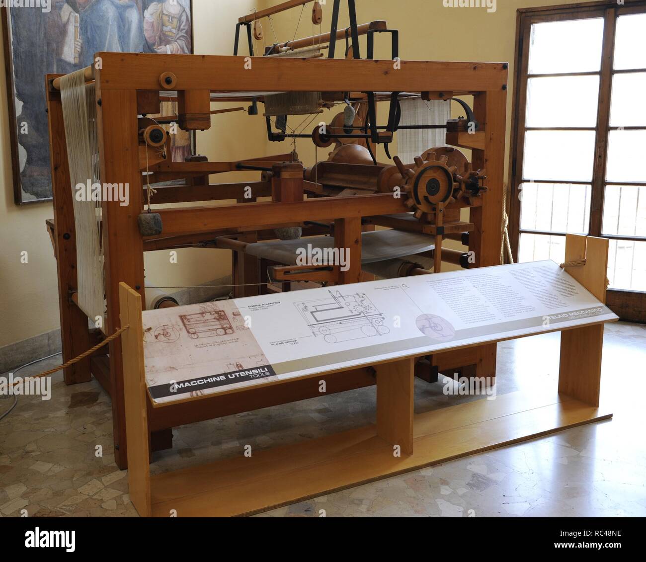 Renaissance. Study of Leonardo da Vinci. Weaving machines. Mechanical loom. 15th century. Model. The Science and Technology Museum Leonardo da Vinci. Milan. Italy. Stock Photo