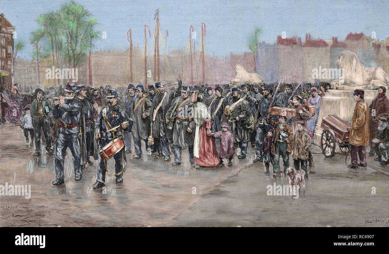 Colonialism. 19th century. Holland. Rotterdam. Troops destined for the Dutch colonies in India. Kellenbach Engraving for 'The Artistic Illustration', 1886. Colored. Stock Photo
