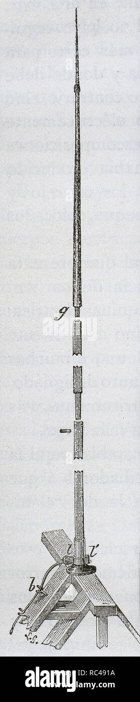 Early lightning rod, made with a single very long iron rod. It was invented in the year 1752 (18th century) by Benjamin Franklin (1706-1790). Engraving, 19th century. Stock Photo