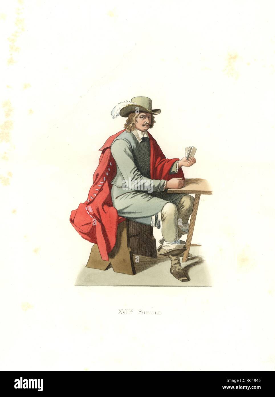 Officer from the Low Countries, 17th century, from a painting by David Teniers in the Louvre. Handcolored illustration by E. Lechevallier-Chevignard, lithographed by A. Didier, L. Flameng, F. Laguillermie, from Georges Duplessis's 'Costumes historiques des XVIe, XVIIe et XVIIIe siecles' (Historical costumes of the 16th, 17th and 18th centuries), Paris 1867. The book was a continuation of the series on the costumes of the 12th to 15th centuries published by Camille Bonnard and Paul Mercuri from 1830. Georges Duplessis (1834-1899) was curator of the Prints department at the Bibliotheque national Stock Photo