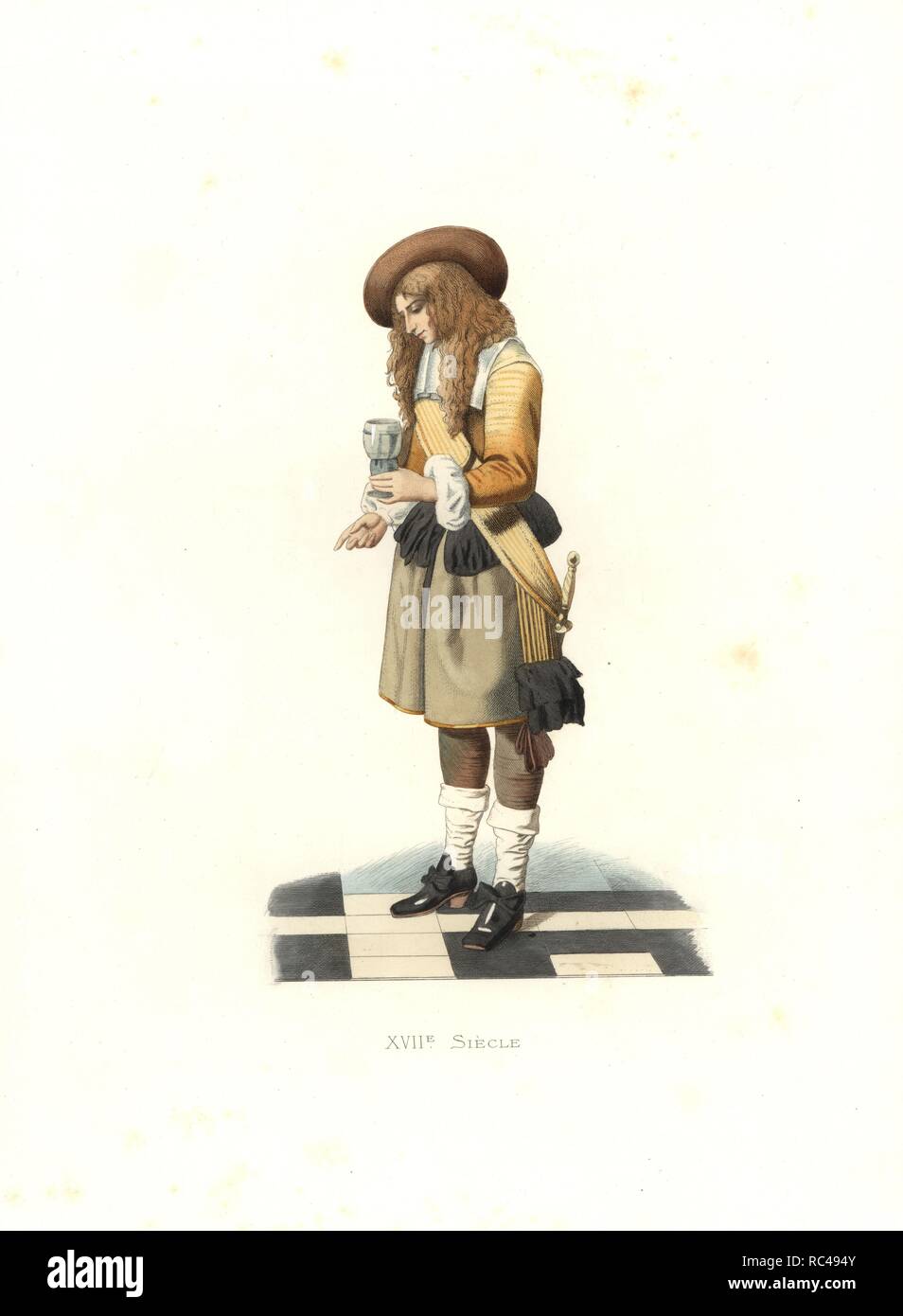 Gentleman of Holland, 17th century, from a painting by Pierre de Hooch. Handcolored illustration by E. Lechevallier-Chevignard, lithographed by A. Didier, L. Flameng, F. Laguillermie, from Georges Duplessis's 'Costumes historiques des XVIe, XVIIe et XVIIIe siecles' (Historical costumes of the 16th, 17th and 18th centuries), Paris 1867. The book was a continuation of the series on the costumes of the 12th to 15th centuries published by Camille Bonnard and Paul Mercuri from 1830. Georges Duplessis (1834-1899) was curator of the Prints department at the Bibliotheque nationale. Edmond Lechevallier Stock Photo