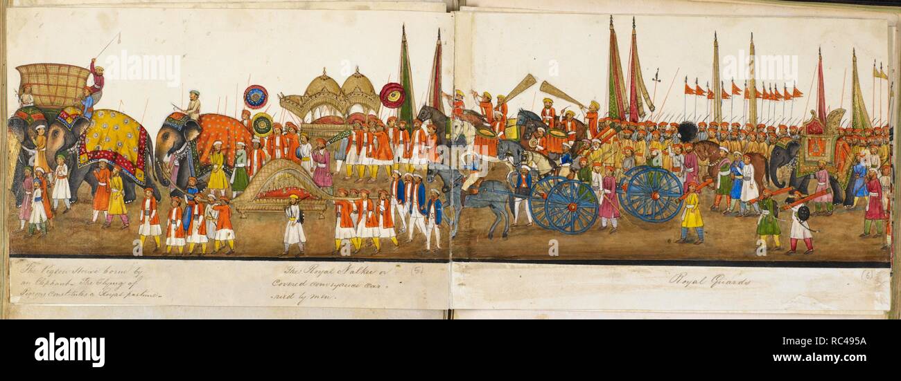 Processional panorama. Reminiscences of Imperial Delhi. The 'Delhi Book' of Sir Thomas Theophilus Metcalfe. 1842 - 1844. Opaque watercolour. Delhi style. Source: Add.Or.5475, f.59v, panels 5 and 6. Author: Mazhar â€˜Ali Khan. Stock Photo