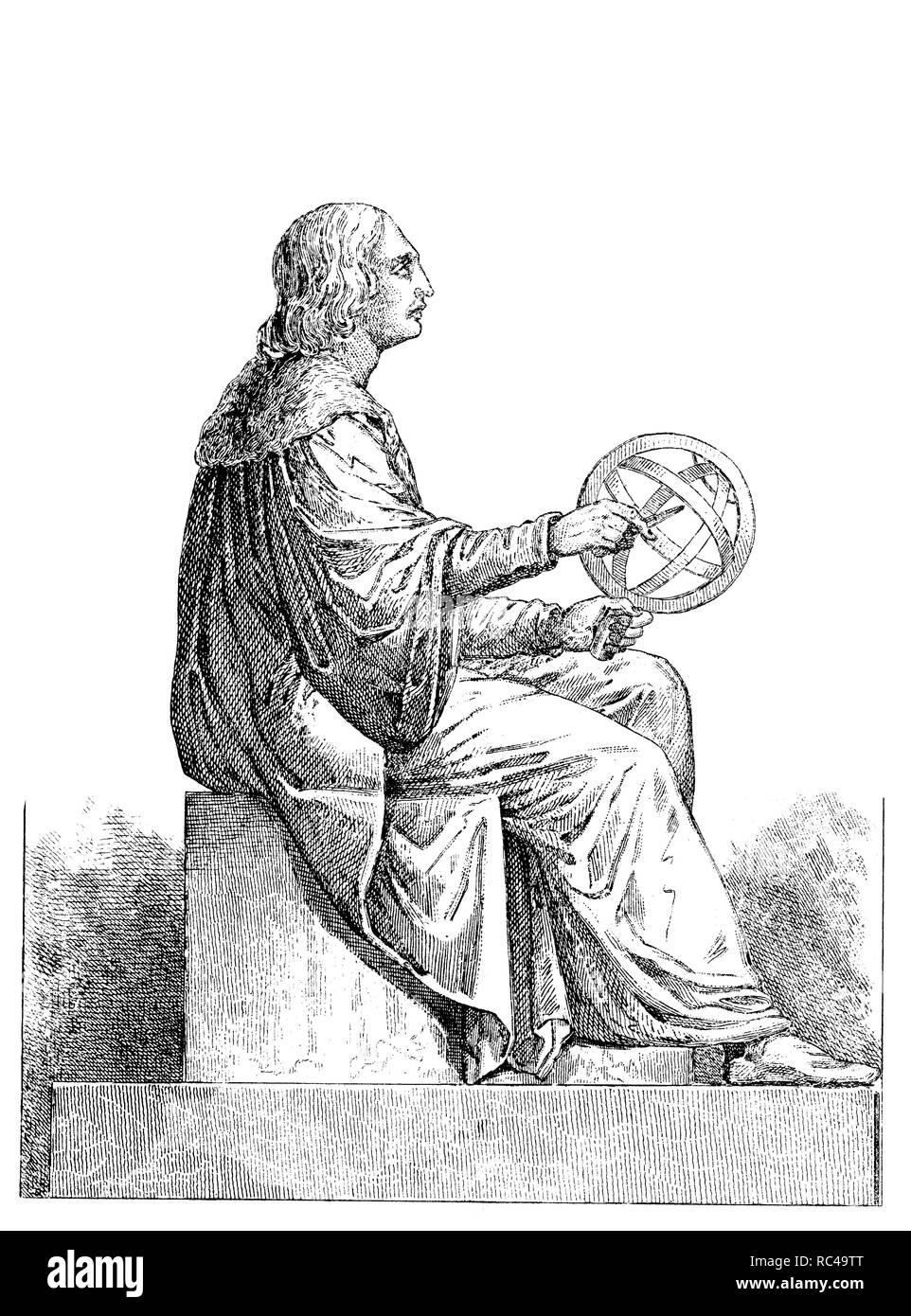Poland. Sculpture of Nicolaus Copernicus (1473-1543) in Warsaw. Polish astronomer of the Renaissance who formulated the heliocentric theory of the solar system, holding an astrolabe. Etching 1850. Stock Photo