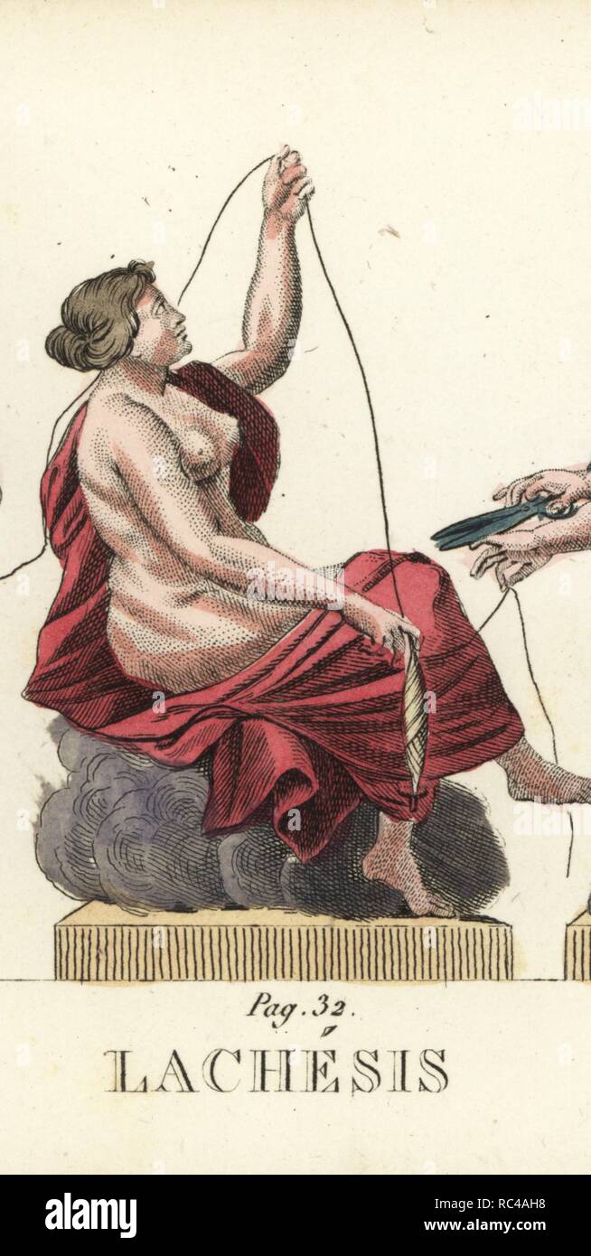 Lachesis, one of the Greek Fates or Moirai, with bobbin, measuring the thread of human life. Handcoloured copperplate engraving engraved by Jacques Louis Constant Lacerf after illustrations by Leonard Defraine from 'La Mythologie en Estampes' (Mythology in Prints, or Figures of Fabled Gods), Chez P. Blanchard, Paris, c.1820. Stock Photo