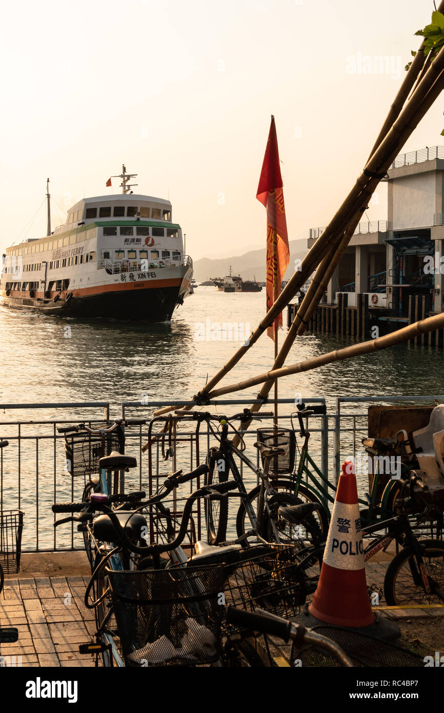 Hong Kong, China - October 8 2018: A ferry arriving at the Cheung Chau ...