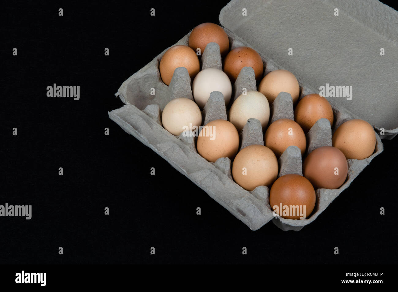 Fourteen chicken eggs in a carton box, isolated on black felt background. Stock Photo