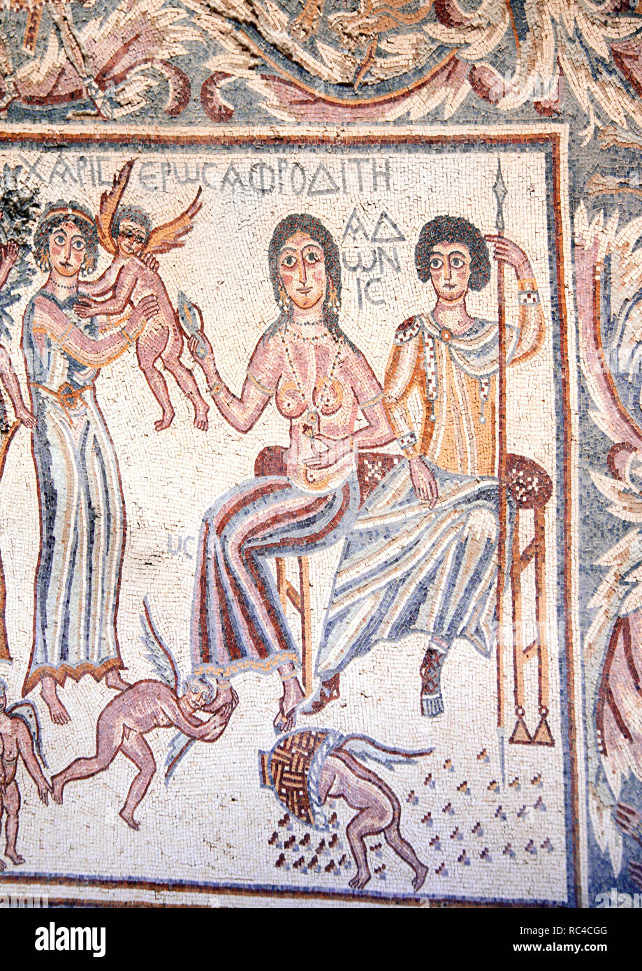 Ancient Byzantine Natural Stone Tile Mosaics With With The Image Of The Goddess Aphrodite Cupids Women Men And Floral Ornament Madaba Jordan Stock Photo Alamy