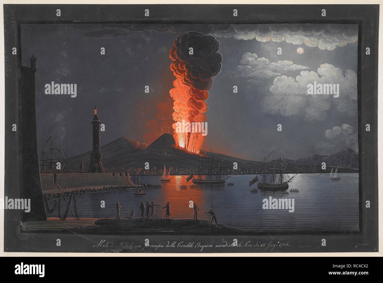 Eruption of Mount Vesuvius. Nocturnal scene, with a group of figures contemplating the eruption of Mount Vesuvius from the opposite side of the Bay of Naples, lighthouse at left, ships sailing at right and city and volcano in the background; within frame painted in dark grey with black border and title inscribed in white ink below.  . A colored view, in distemper, of the 'Molo di Napoli, con principio della terribile eruzione accaduta la sera de 15 GiugÂº. 1794'. 1794. Ms. 1 f. 8 in. x 1 f. 1 in.; 51 x 33 cm. Source: Maps K.Top.83.61.i. Stock Photo
