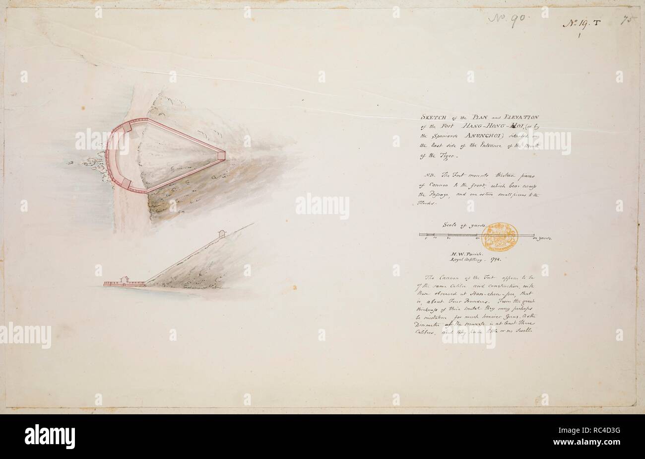 Sketch of the plan and elavation of the Fort Hang-Hong-Hoi : (or by the Spaniards Anunchoi) situated on the East side of the Entrance of the Mouth of the Tiger. / H.W. Parish Royal Artillery. . A collection of eighty views, maps, portraits and drawings illustrative of the Embassy sent to China under George, Earl of Macartney, in 1793; drawn chiefly by William Alexander, some by Sir John Barrow, Bart., some by Sir Henry Woodbine Parish, and one by William Gomm. Many of them are engraved in Sir George Staunton's Narrative of the Embassy, published in 1797. 1794. 1 drawing : Indian ink ; sheet 23 Stock Photo