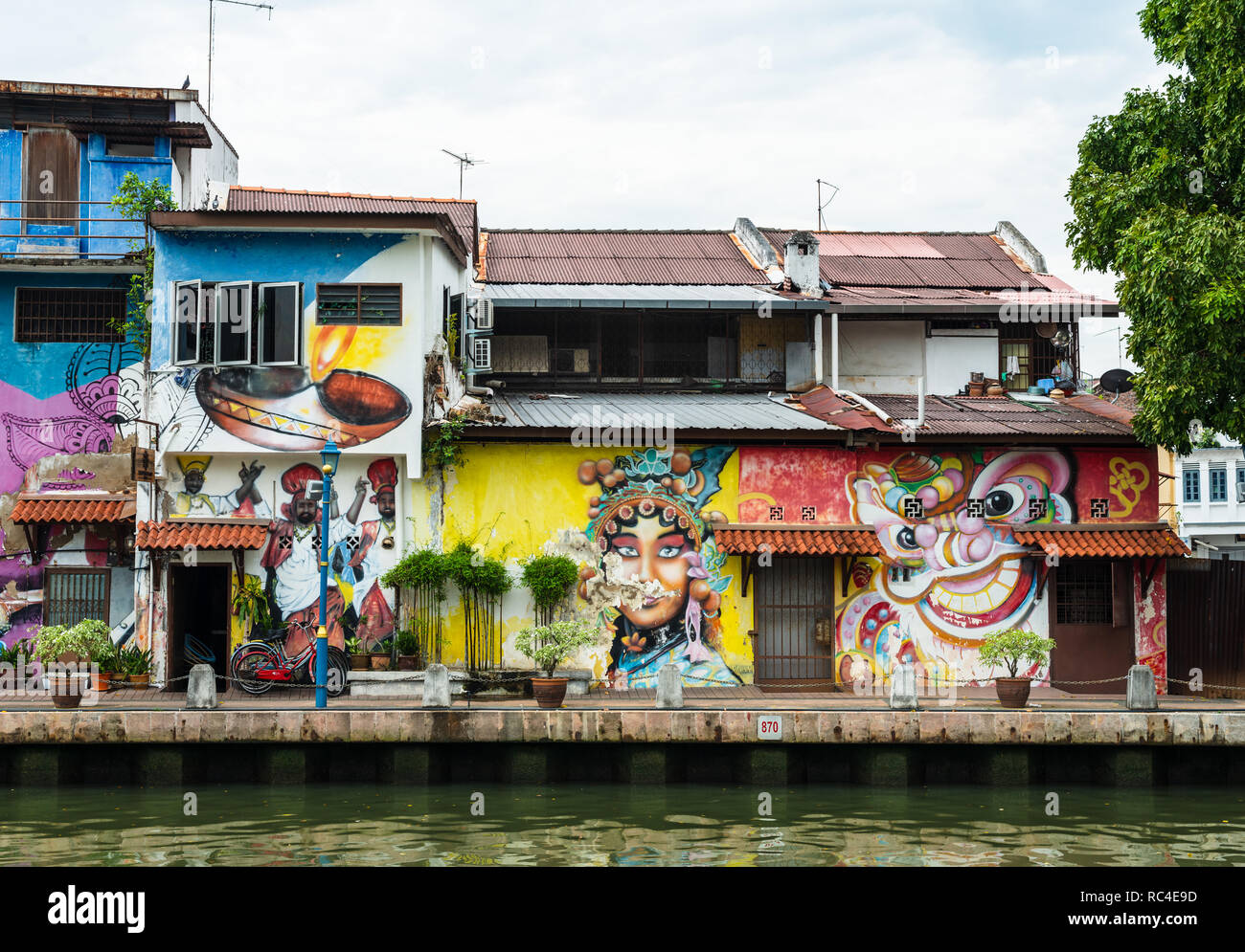 Landscape of Malacca city with colorful street art painted walls along