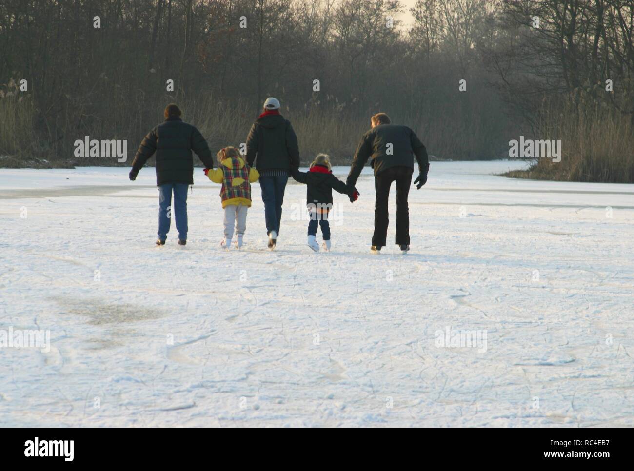 Back view family on ice-skates in Dutch landcsape Stock Photo