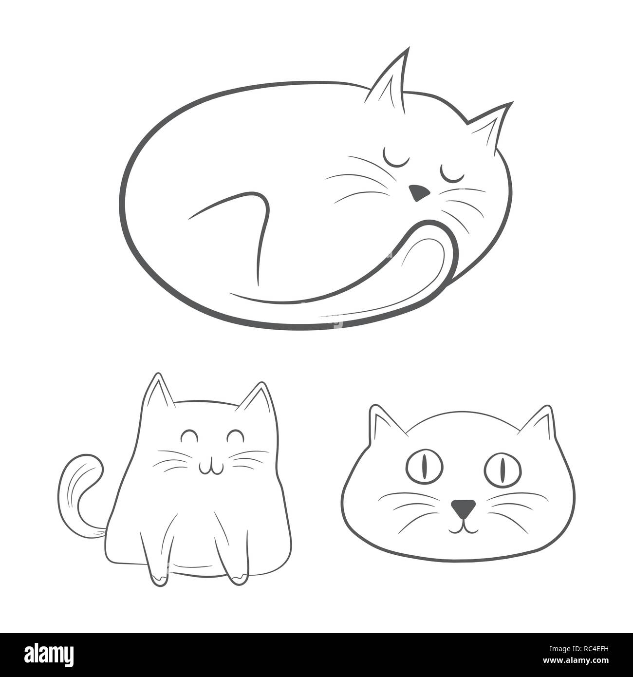 Funny hand drawn cats in a flat linear design. Vector illustration. Set of cats silhouettes isolated Stock Vector