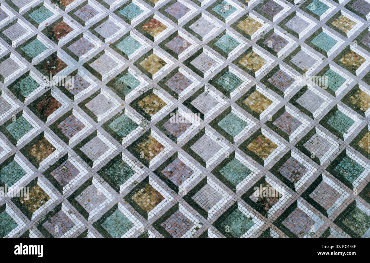 Roman Art. Italy. Roman Mosaic of polychrome geometric motifs. Dated to 211 BC. It comes from Lucus Feroniae. Lazio. Stock Photo