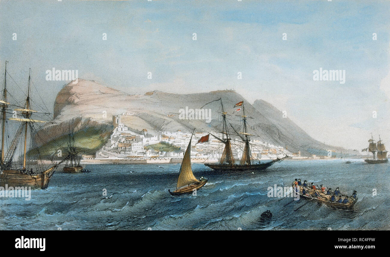 HISTORIA DE GIBRALTAR. 'Gibraltar' (1837).. Dibujo de David Roberts, litografía de W. Gauci. Londres, 1837. Stock Photo