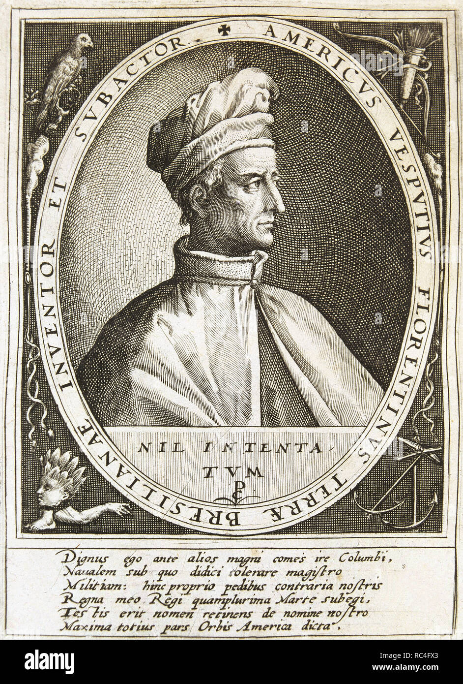 Amerigo Vespucci (1451-1512). Italian navigator, explorer and cartographer. Engraving. National Library. Madrid. Spain. Stock Photo