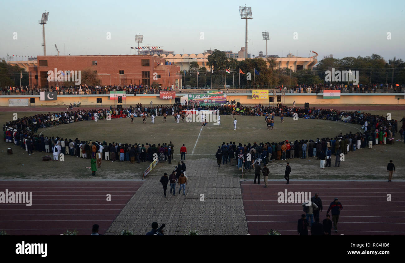 Lahore, Pakistan. 13th Jan, 2019. A view of Kabaddi final match between Pakistan green team and Indian teams during International Kabaddi Takra Championship at Punjab Stadium in Lahore. International Kabaddi Takra Championship between three countries Pakistan, Iran, India” Pakistan Green kabaddi team defeated India by 40-29 to clinch the title of International Kabaddi Taakra at Punjab Stadium. Credit: Rana Sajid Hussain/Pacific Press/Alamy Live News Stock Photo