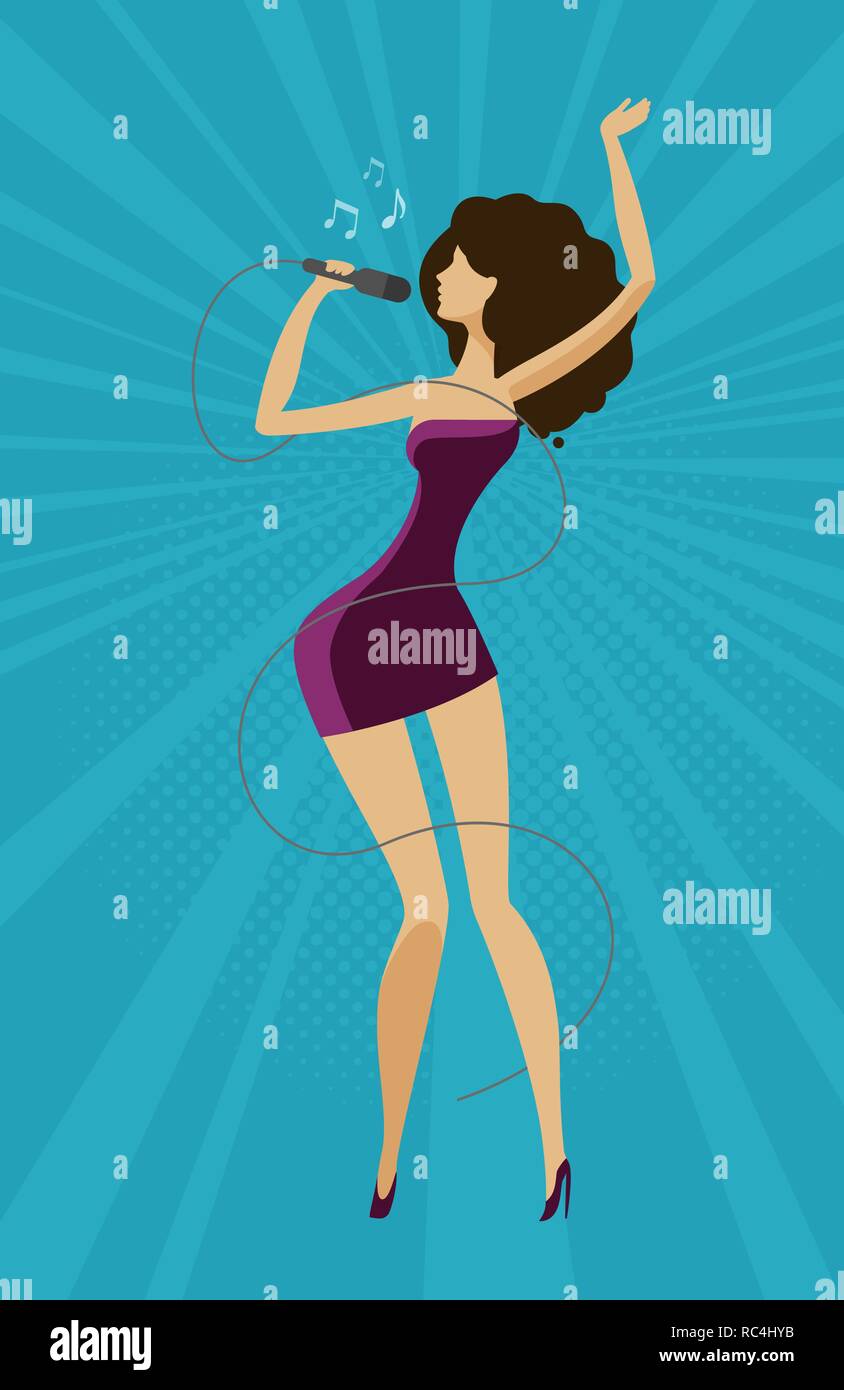 Singer girl singing a song into a microphone. Vector illustration Stock Vector