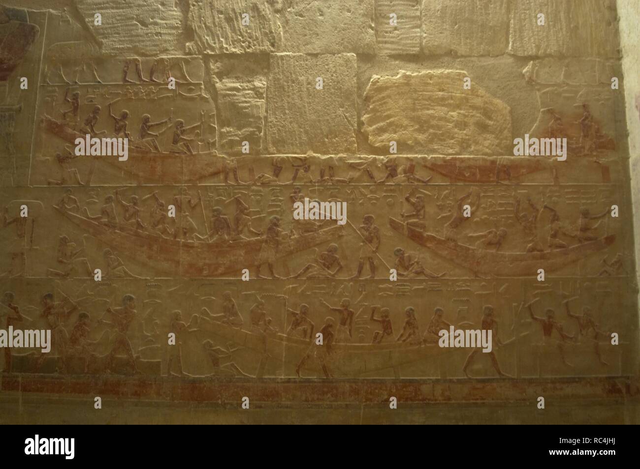 Egypt. Saqqara. Mastaba of Ti. 5th Dynasty. Old Kingdom. Relief depicting carpenters building wooden boats. Stock Photo