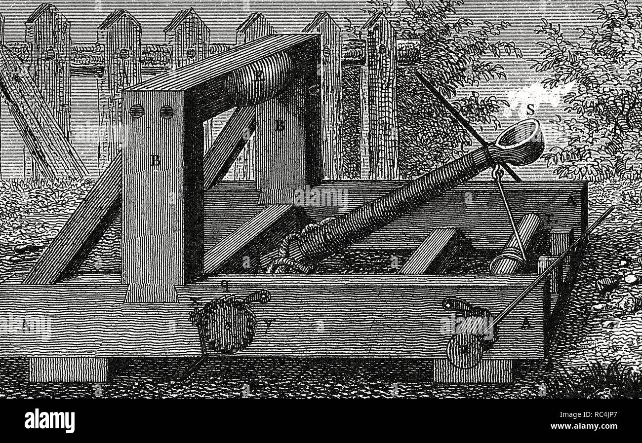 Catapult used by Roman army during its military campaigns. Engraving. 19th century. Stock Photo