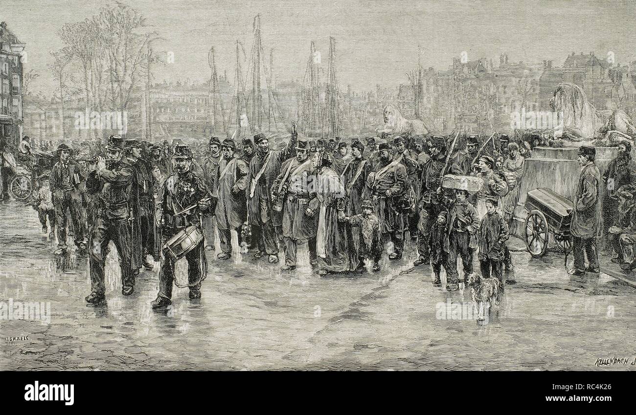 Colonialism. 19th century. Holland. Rotterdam. Troops destined for the Dutch colonies in India. Kellenbach Engraving for 'The Artistic Illustration', 1886. Stock Photo