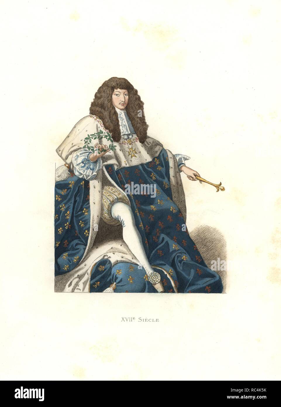 Young Louis XIV, King of France, 17th century, from a painting in the Musee de Blois. Handcolored illustration by E. Lechevallier-Chevignard, lithographed by A. Didier, L. Flameng, F. Laguillermie, from Georges Duplessis's 'Costumes historiques des XVIe, XVIIe et XVIIIe siecles' (Historical costumes of the 16th, 17th and 18th centuries), Paris 1867. The book was a continuation of the series on the costumes of the 12th to 15th centuries published by Camille Bonnard and Paul Mercuri from 1830. Georges Duplessis (1834-1899) was curator of the Prints department at the Bibliotheque nationale. Edmon Stock Photo