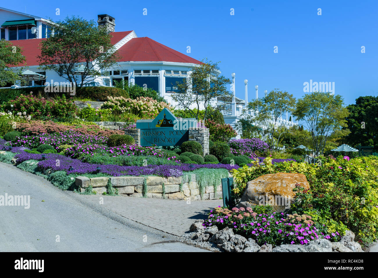 Mackinac Island, Michigan / United States - September 17, 2018: Sign and flower gardens of Mission Point Resort Stock Photo