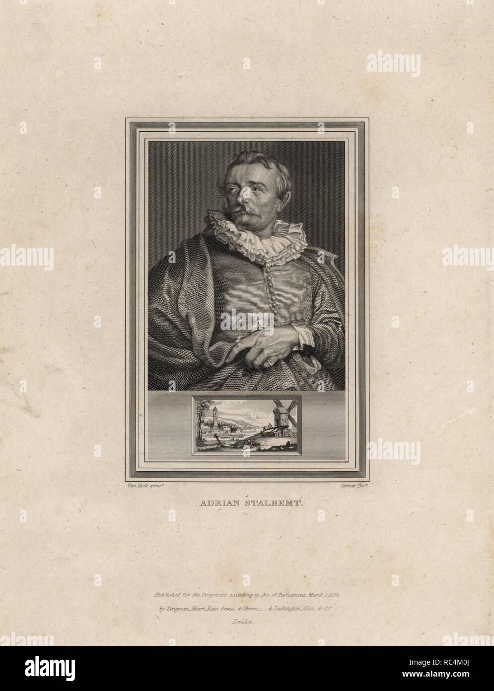 Portrait of Adrian Stalbemt (1580-1660), Flemish landscape artist.. Portrait by Van Dyck, steel engraving by John Corner, from 'Portraits of Celebrated Painters with Medallions from their Best Performances' 1825. Stock Photo