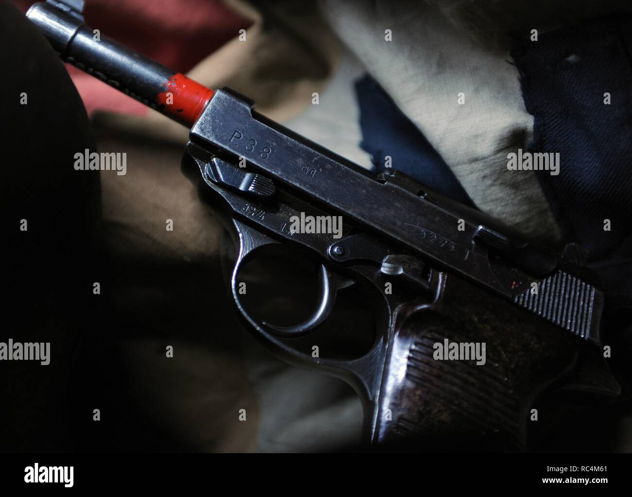 Walther P38. 9 mm pistol of the Wehrmacht (armed force of Nazi Germany). Principles of the Second World War. Oskar Schindler Museum. Krakow. Poland. Stock Photo