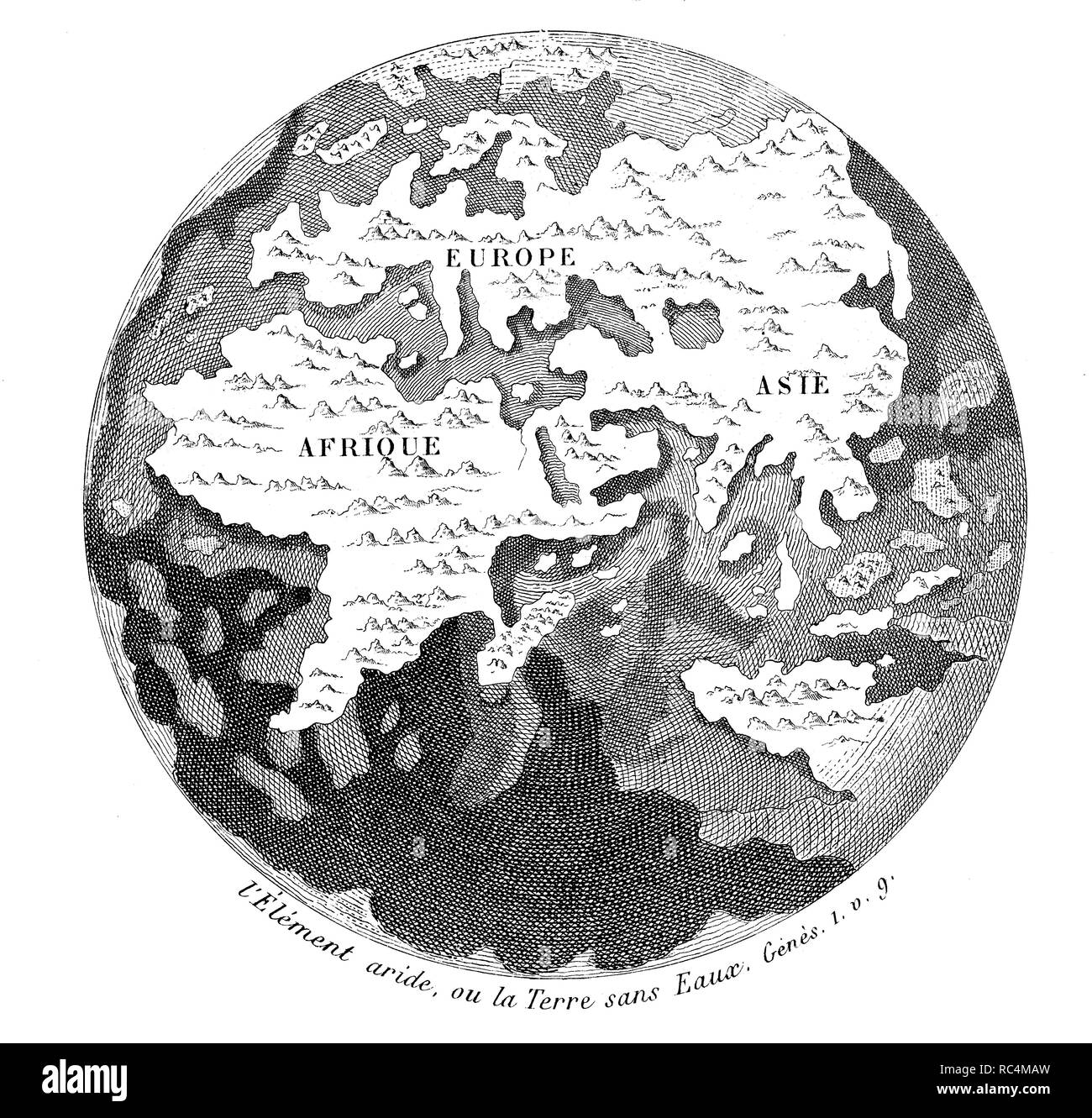 Historia sagrada. Creación del mundo. Separación de la tierra y los mares y formación de los continentes. Grabado de 1862. Stock Photo