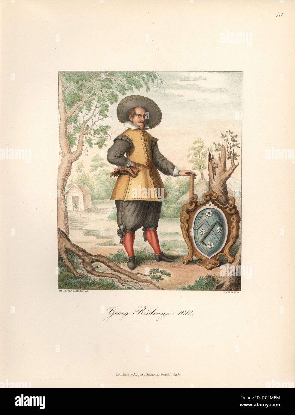 Portrait of architect Georg Rudinger in 1612 with a ruler and his coat of arms featuring instruments of his trade. Chromolithograph from Hefner-Alteneck's 'Costumes, Artworks and Appliances from the Middle Ages to the 17th Century,' Frankfurt, 1889. Illustration by Dr. Jakob Heinrich von Hefner-Alteneck, lithographed by A. Volkert, and published by Heinrich Keller. Dr. Hefner-Alteneck (1811 - 1903) was a German curator, archaeologist, art historian, illustrator and etcher. Stock Photo