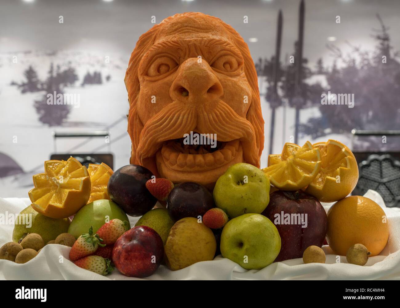 Artistic carving of gourd or pumpkin for Halloween Stock Photo