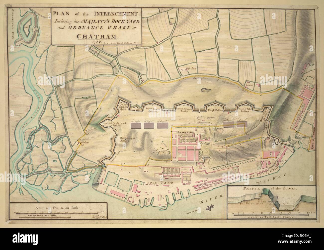 Chatham. A colored plan of the intrenchment inclosing his M. 1756. Plan of the dock-yard and wharf at Chatham.  Image taken from A colored plan of the intrenchment inclosing his Majesty's Dock-yard and Ordnance Wharf at Chatham, surveyed by Hugh Debbieg, Engineer, 1756; drawn by Joseph Heath, on a scale of 400 feet to an inch. Ms. 1 f. 8 in. x 1 f. 2 in. 51 x 36 cm..  Originally published/produced in 1756. . Source: Maps.K.Top.16.40,. Language: English. Stock Photo