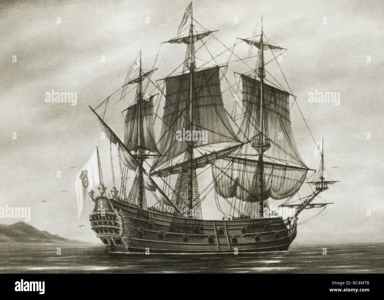Galleon Saint Lucia. 17th century. The Grand Duke Ferdinand I of Tuscany in 1608 organized an expedition to northern Brazil, commanded by English captain Robert Thornton, to establish colony  in America. Engraving. Stock Photo
