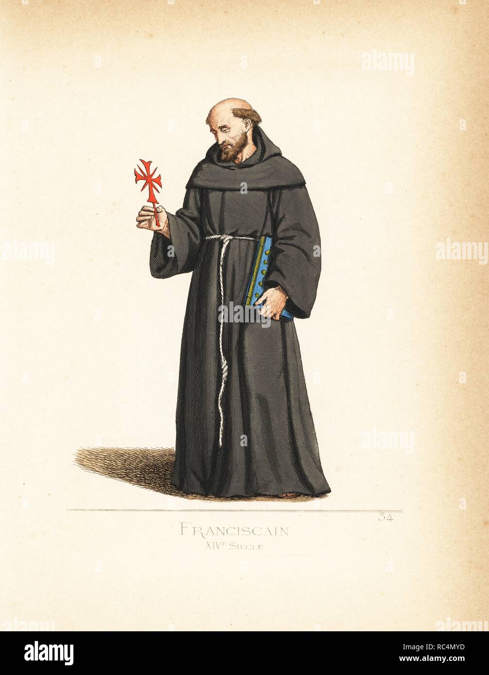 Franciscan monk, 14th century. He wears a black woolen hood and robe, tied with a rope belt, and